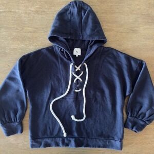 G. Label By Goop-"Cera" Lace-Up Henley Hoodie-Navy-Womens Sz L-Preppy Sweatshirt